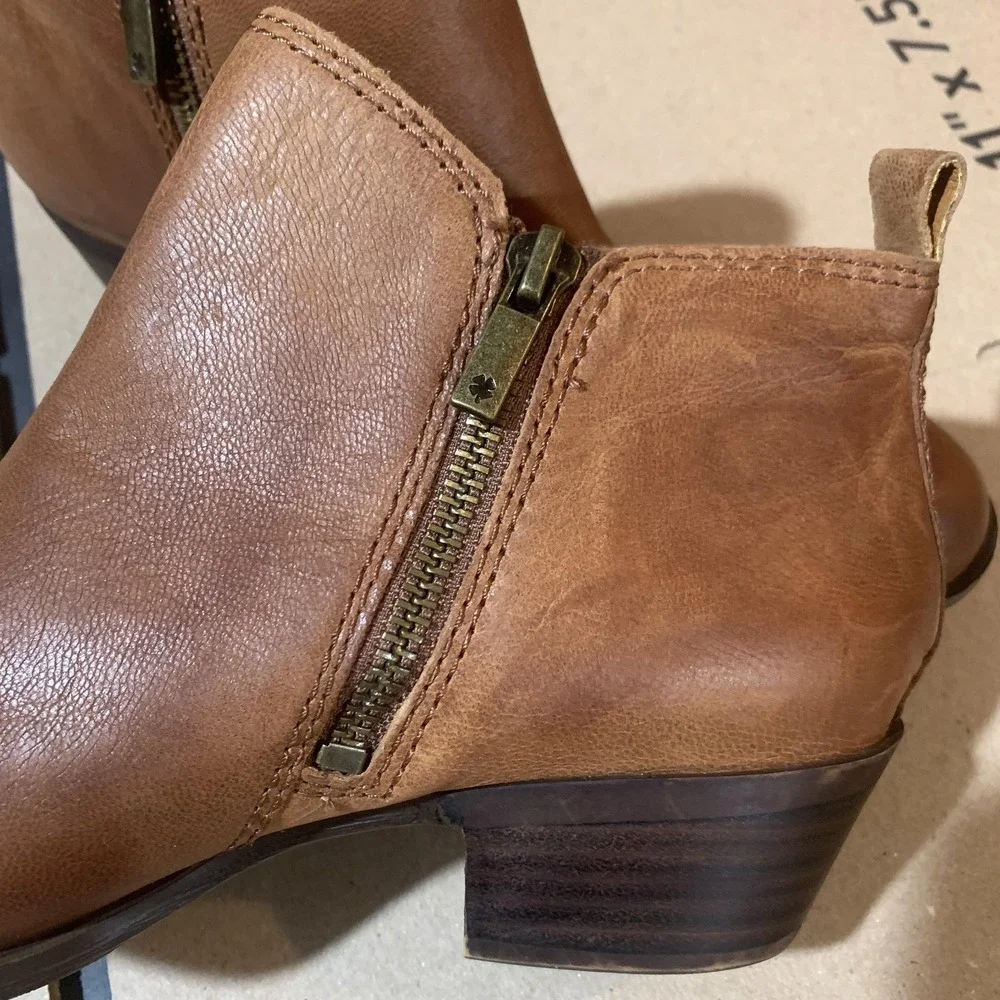 Lucky Brand LK Basel Brown Leather Ankle Booties Side Zip Block Heel Size 7